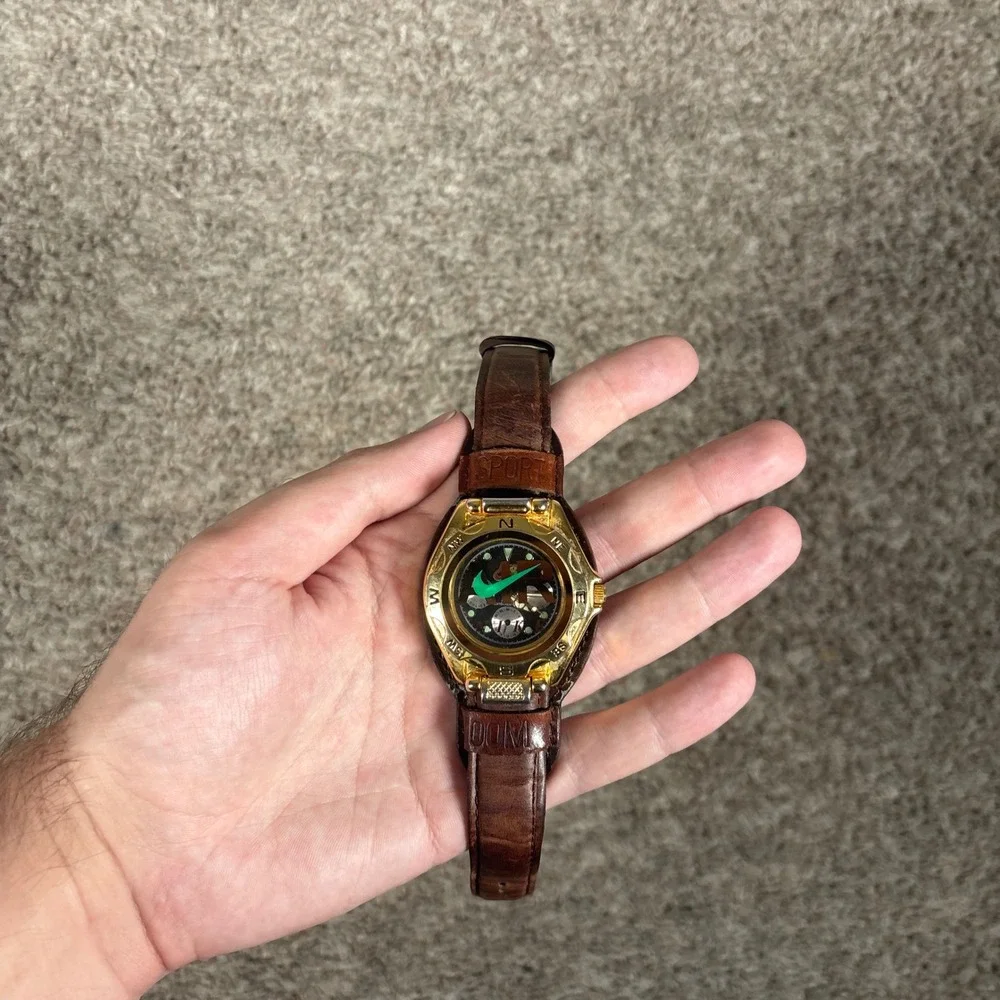Vintage Nike Air Sport Compass Watch Gold Flip Top Brown Leather Strap *WORKS*